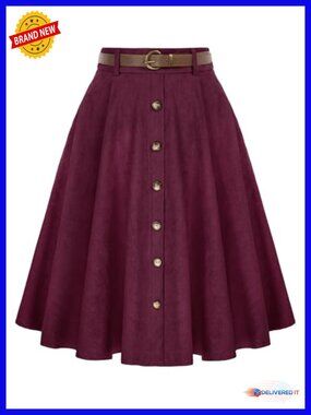 Women's Knee Length Corduroy A-Line Midi Skirt High Waist with Pockets Belt